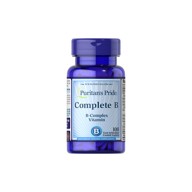 Puritan's Pride Complete B (Vitamin B Complex) dietary supplement provides 100 coated caplets to support energy production and metabolism with essential B vitamins.